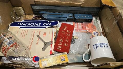 Tray of railway ephemera including silver badge