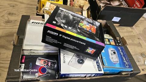 Box of items inc Digital cameras, digital photo frame plus others