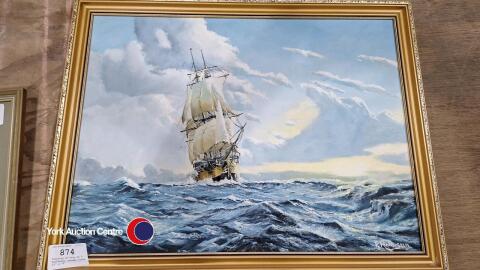 Painting of ship by P Rollinson, wooden frame, 23' x 18'