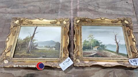 Pair of landscape paintings in Decor gilt frames, 8' x 10'