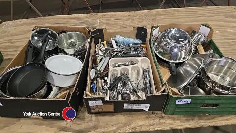 3 Boxes of kitchen items inc pans and cutlery