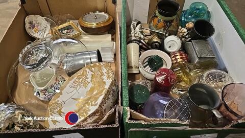 2 Boxes of household ornaments inc vases and Crown Derby bowl