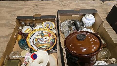 2 Boxes of household items inc ornaments , casserole pot plus Wedgewood and Coalport tableware