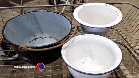 Jam pan and 2 enamel pots