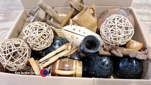 Box of wooden items, some vintage