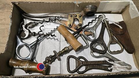 A small collection of corkscrews & bottle openers including 2 vintage metal antique Tangent lever & wooden corkscrews etc