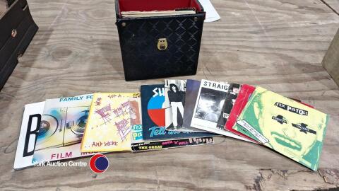 Box of 7 inch single records, including Punk