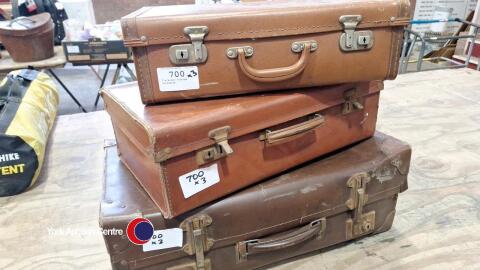 3 x brown vintage suitcases