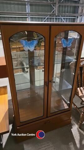 Wooden glass display cabinet with drawer