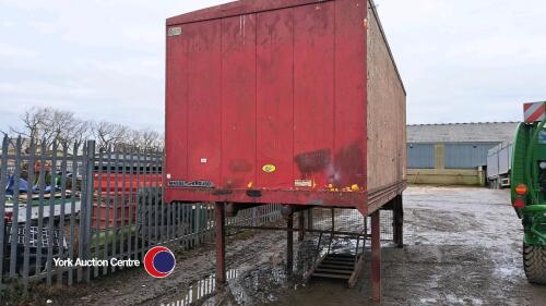 Lorry box body converted to site office cabin. Lights, electric plugs etc, desk table and chairs, lockable door. Total height - 12ft cabin - 8ft on legs, 4ft gap between ground and cabin. Length 20ft, width 8ft 2in. Lovely dry cabin. Purpose built metal s