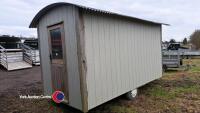 Shepherds Hut 'Bar' 14ft x 7ft on caravan chassis, insulated, inside and outside lighting, stable door, side hatch, work tops, shelves, beer pumps, fridge and sink, suitable for events, painted in Farrow and Ball French Grey, in good condition, key in off - 3