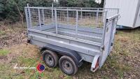 Graham Edwards 7ft x 4ft twin axle unbraked trailer with mesh cage sides and ramp back. Recently serviced and new tyres