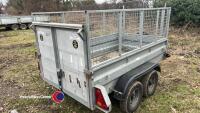 Graham Edwards 7ft x 4ft twin axle unbraked trailer with mesh cage sides and ramp back. Recently serviced and new tyres - 7