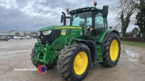 John Deere 6155R tractor, 50kph AutoQuad gearbox, air brakes, front linkage, Michelin 650-65R42 rear Michelin 540-65R30 front tyres, LED lights, electric heated mirror, daily service centre, leather steering wheel, 1522 hrs, YE21 RWU, Powerguard Plus unt