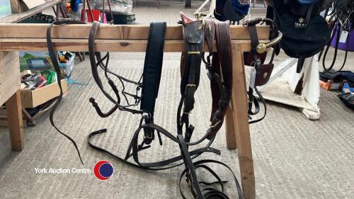 Cob Set of Brown/ Black driving harness. Bridle has brass decoration to face drop, winkers and broadband and a Liverpool bit. Breeching is black webb