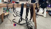 Cob Set of Brown/ Black driving harness. Bridle has brass decoration to face drop, winkers and broadband and a Liverpool bit. Breeching is black webb