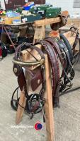 Cob Set of Brown/ Black driving harness. Bridle has brass decoration to face drop, winkers and broadband and a Liverpool bit. Breeching is black webb - 3