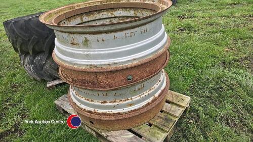 16.9 R38 dual rims with tyres, clamps in office