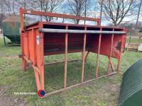 Portequip adjustable calf creep feeder, full width hopper, 5 openings with adjustable height creep bar, top filling with loader bucket or bags, 3 point linkage pick up