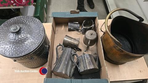 Copper coal scuttle, coal basket and box of plated tea ware