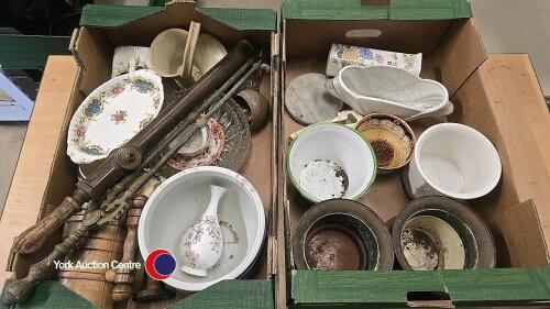 2 x boxes of assorted household items including vintage fire plump and pots