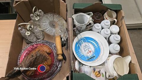2 x boxes of assorted kitchen crockery including 2 glass condiment sets