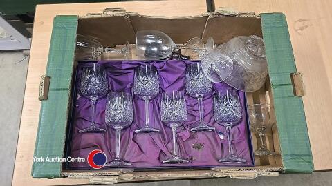 Box of crystal wine glasses and assorted glassware
