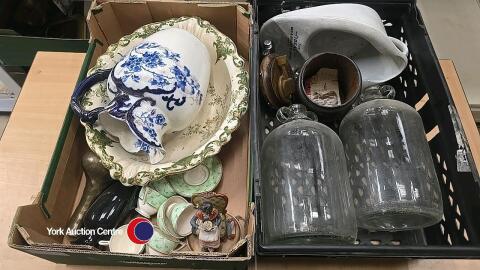 2 x boxes of assorted household items including ceramic water bowl and jug, glass demi johns and a quantity of Wedgwood tea ware