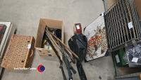 Quantity of household bric a brac including golf clubs, acoustic guitar and dog crate with wicker basket