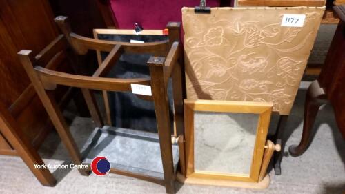Wooden Edwardian umbrella/walking stick stand, embroidered fire screen, small chalk board and pine dressing table mirror