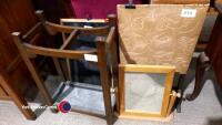 Wooden Edwardian umbrella/walking stick stand, embroidered fire screen, small chalk board and pine dressing table mirror