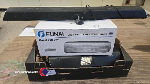 HP printer, VHS cassette recorder and Polaroid sound bar