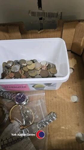 Box of watches and foreign coins inc 3 men's watches, ladies watch and bangle plus foreign coins