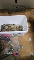 Box of watches and foreign coins inc 3 men's watches, ladies watch and bangle plus foreign coins