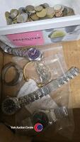 Box of watches and foreign coins inc 3 men's watches, ladies watch and bangle plus foreign coins - 3