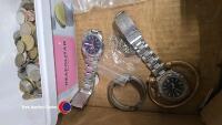 Box of watches and foreign coins inc 3 men's watches, ladies watch and bangle plus foreign coins - 4
