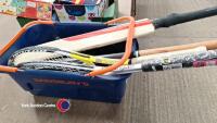 Box of sports equipment inc tennis rackets, cricket bat, baseball bat and 2 dumb-bells