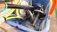 Box of sports equipment inc tennis rackets, cricket bat, baseball bat and 2 dumb-bells - 3