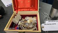 Jewellery box and contents inc some silver items