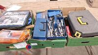 3 x boxes of assorted garage tools, socket sets and 2 calipers