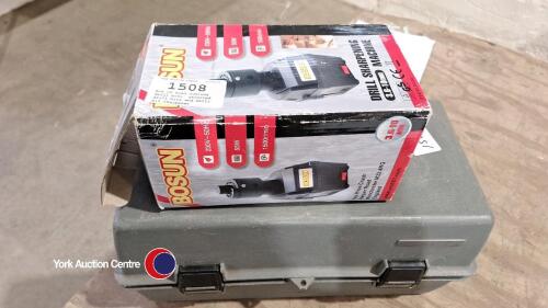 Box of wood cutting drill bits, assorted drill bits and drill bit sharpener