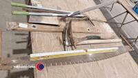 Large log saw, 2 spirit levels, large crow bar, shovel, edging cutter, 2 x vintage carpenters Adze