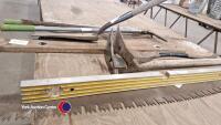 Large log saw, 2 spirit levels, large crow bar, shovel, edging cutter, 2 x vintage carpenters Adze - 2