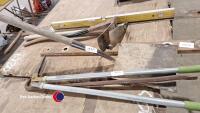 Large log saw, 2 spirit levels, large crow bar, shovel, edging cutter, 2 x vintage carpenters Adze - 4