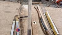Large log saw, 2 spirit levels, large crow bar, shovel, edging cutter, 2 x vintage carpenters Adze - 5