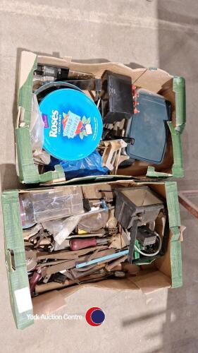 2 x boxes of assorted hand tools, chisels, spanners and security lamp