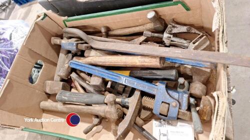 Box of assorted hammers, chisels and record wrenches