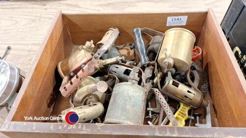 Box of brass paraffin blow lamps and small G clamps and assorted tools