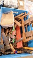 Box of vintage woodworking tools including set squares and clamps