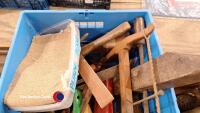 Box of vintage woodworking tools including set squares and clamps - 2